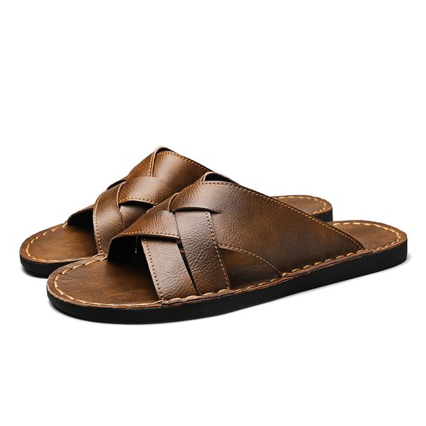 Summer Mens Flat Leather Slippers Slides Slip-on Sandals Thin Soles Retro Style Anti-skid Breathable Comfortable Big_vogvips.com