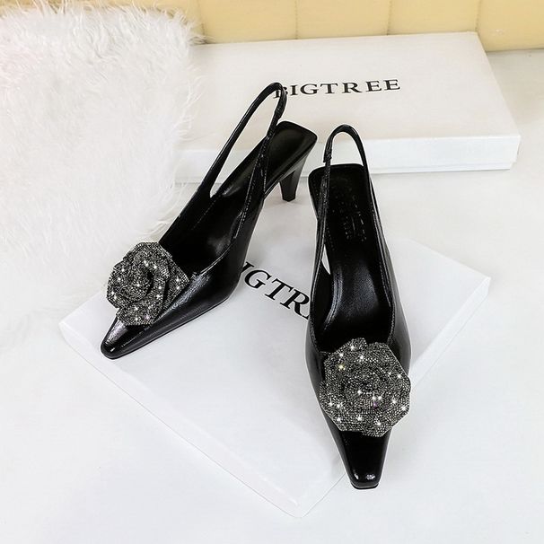 Women's shoes high heels shallow mouth pointe hollowed back trip with rhinestone flower shoes_vogvips.com