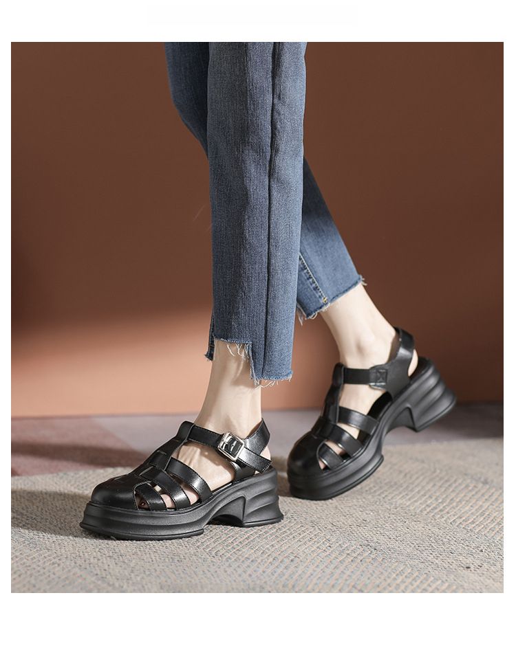2025 New Summer Women's Roman Sandals With Closed Toe, Platform Sh, Chunky High Heels, Retro Hollow Woven Pig Cage_vogvips.com