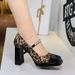 9988 Leopard Print High Women's Square Toe Waterproof Platform Bow Strap Pearl Color Block Chunky Heel Mary Jane Shoes_vogvips.com