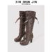 High Heeled Women's Boots Style Round Toe Leather Slip-On Solid Color Versatile For Commuting_vogvips.com
