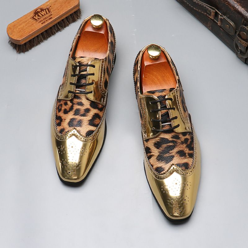 Men's leopard print glitter casual lace-up leather shoes_vogvips.com