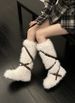 Furry Snow Boots For Women Winter 2024 New Style Warm Mid-Calf Cross Strap Rivet Non-Slip Cotton Shoes Low Heel_vogvips.com