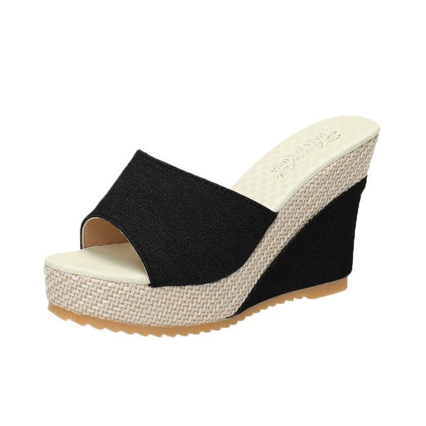 Women's Thick Sole Chunky Platform Flip Flops - Denim Textured Heeled Sandals For Women_vogvips.com