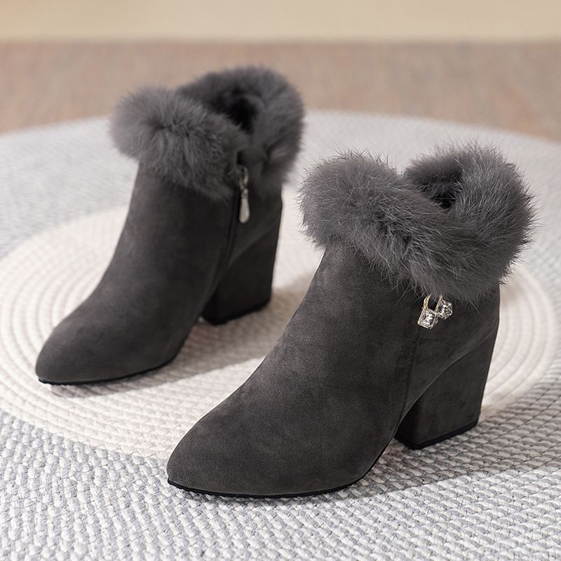 Women's Pointed Toe Ankle Boots Fleece Lined Warm Chunky Heel Plus Size Fur Trimmed Fashion Mid Heel Winter Style_vogvips.com