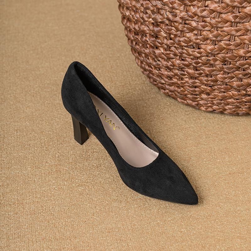 2025 New High Heels Women's Coarse Heel Black Long Standing Non Tiring Work Soft Bottom Shallow Mouth Pointed Single_vogvips.com