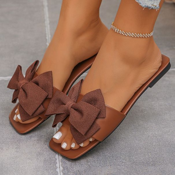 New Women's Solid Color Flat 2026 Summer Fashion Bow Design Sandals Outdoor Lightweight Casual Beach Slippers Plus Size_vogvips.com
