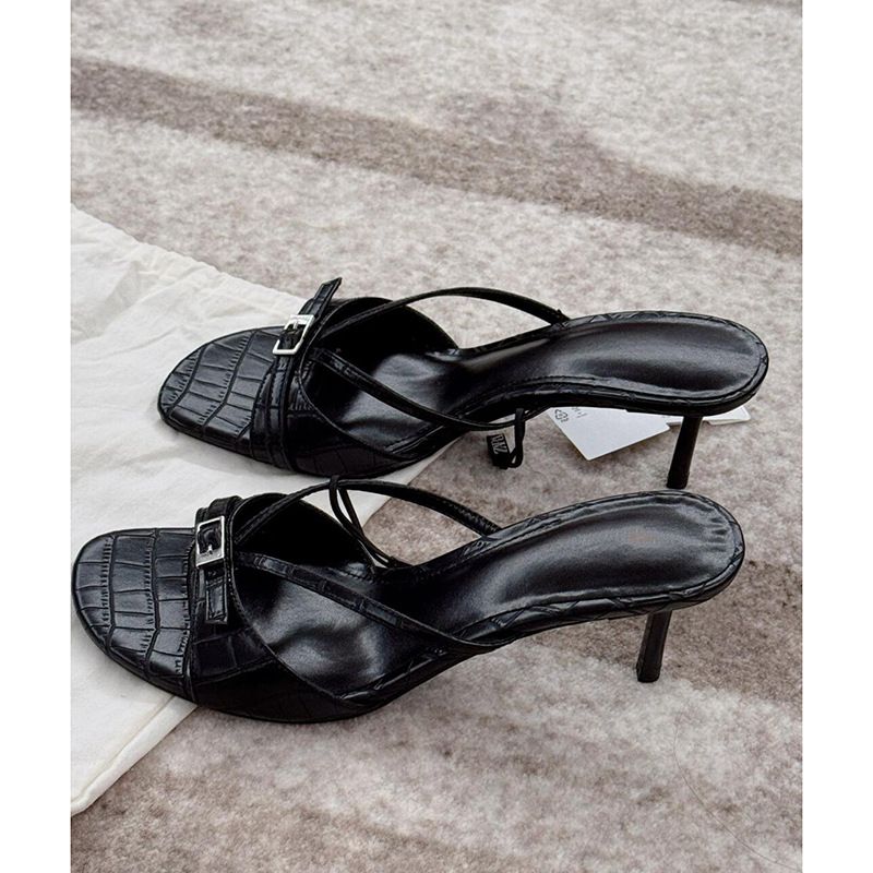 High Heels, Women's Stone Pattern, Black Patent Leather, Gold Buckle, Exposed Straight Strap, Square Toe, Versatile_vogvips.com
