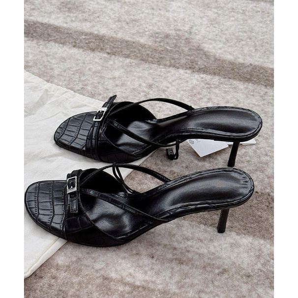 High Heels, Women's Stone Pattern, Black Patent Leather, Gold Buckle, Exposed Straight Strap, Square Toe, Versatile_vogvips.com