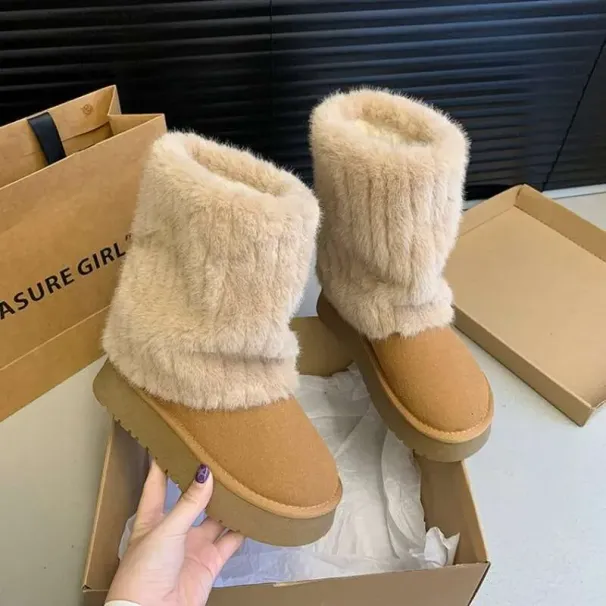 2024 Winter New Fashion Furry Hem Wedge Non-slip High Women's Outdoor Warm And Comfortable One-foot Snow Boots_vogvips.com