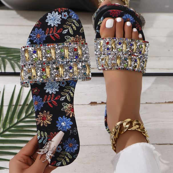 Women's Summer Flat Slippers Rhinestone Print Casual Beach Sandals Stylish Everyday Design_vogvips.com