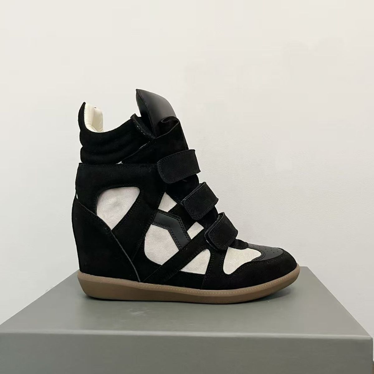 Women's Color Block Height Increasing Sneakers Velcro Closure Thick Soled Casual Shoes Versatile Spring_vogvips.com
