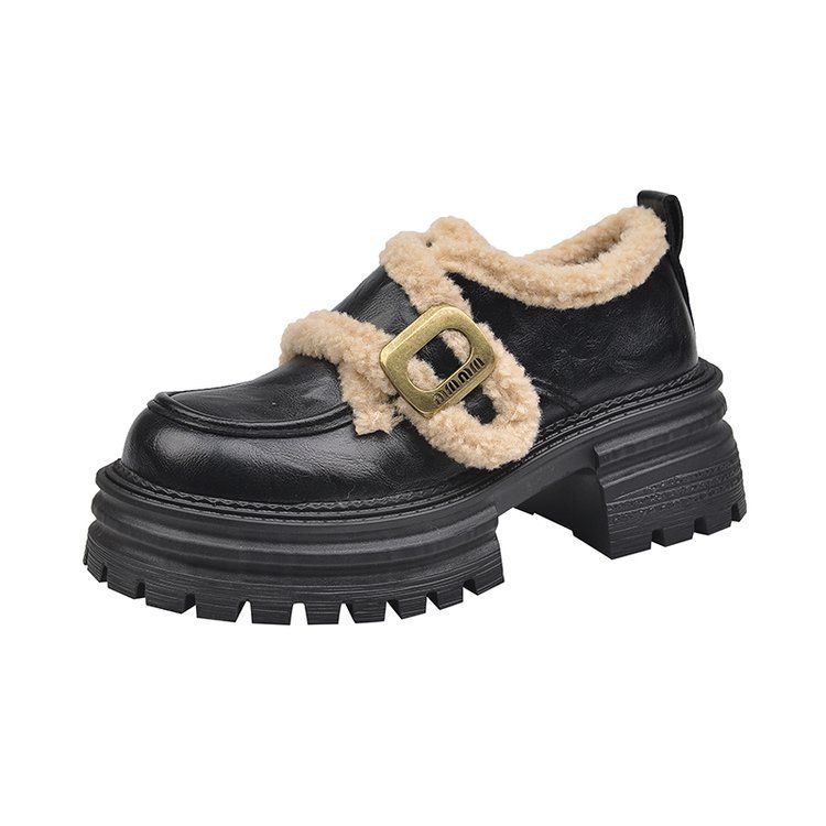 Platform Loafers Women's Fleece Heightening Small Leather Shoes One Pedal Single Shoes Women_vogvips.com