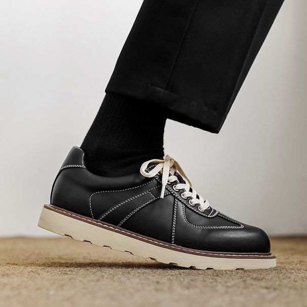 ShoeVault Men's Training Thick British Style Student School Campus Leather Derby Oxford White Sole Lace-up Trendy Shoes_vogvips.com