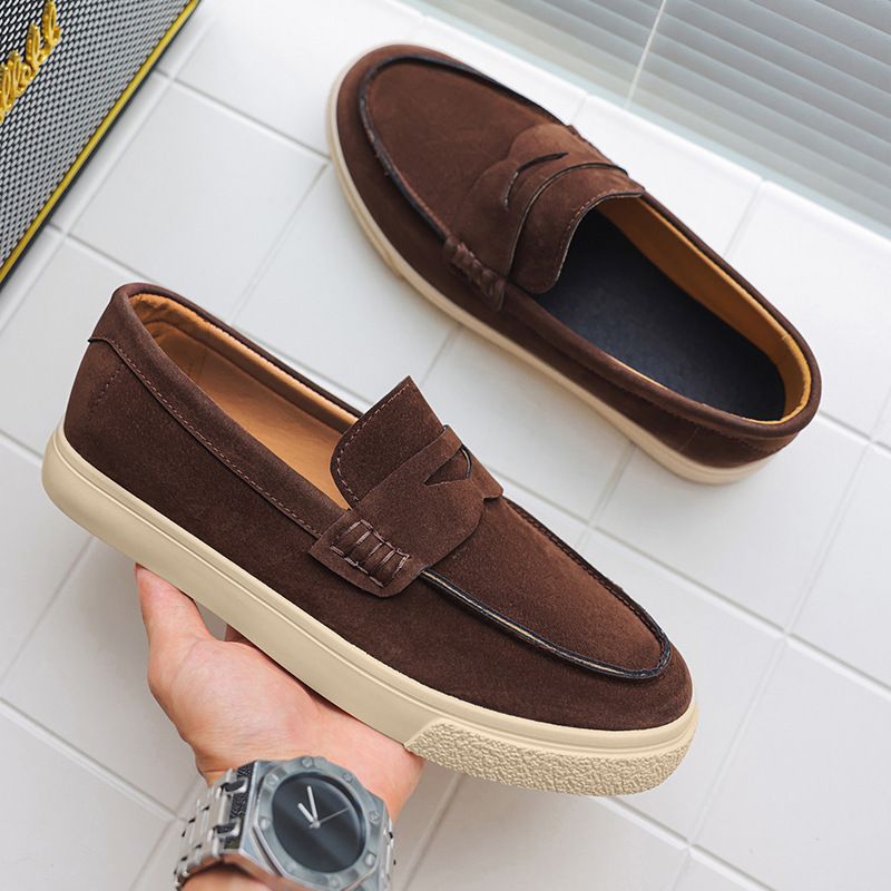 SHLIANG New Suede Leather Men's Loafers Cow Suede Slip On Flats Handmade Male Casual Shoes Leisure Walk Moccasins Outdoor Business Shoes Y0634_vogvips.com