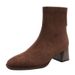 Women's Short Boots 2025 Autumn And Winter High-heeled Mid-calf Boots In Khaki Suede, Chunky Heel, Fashionable, Stretchy, Warm For_vogvips.com