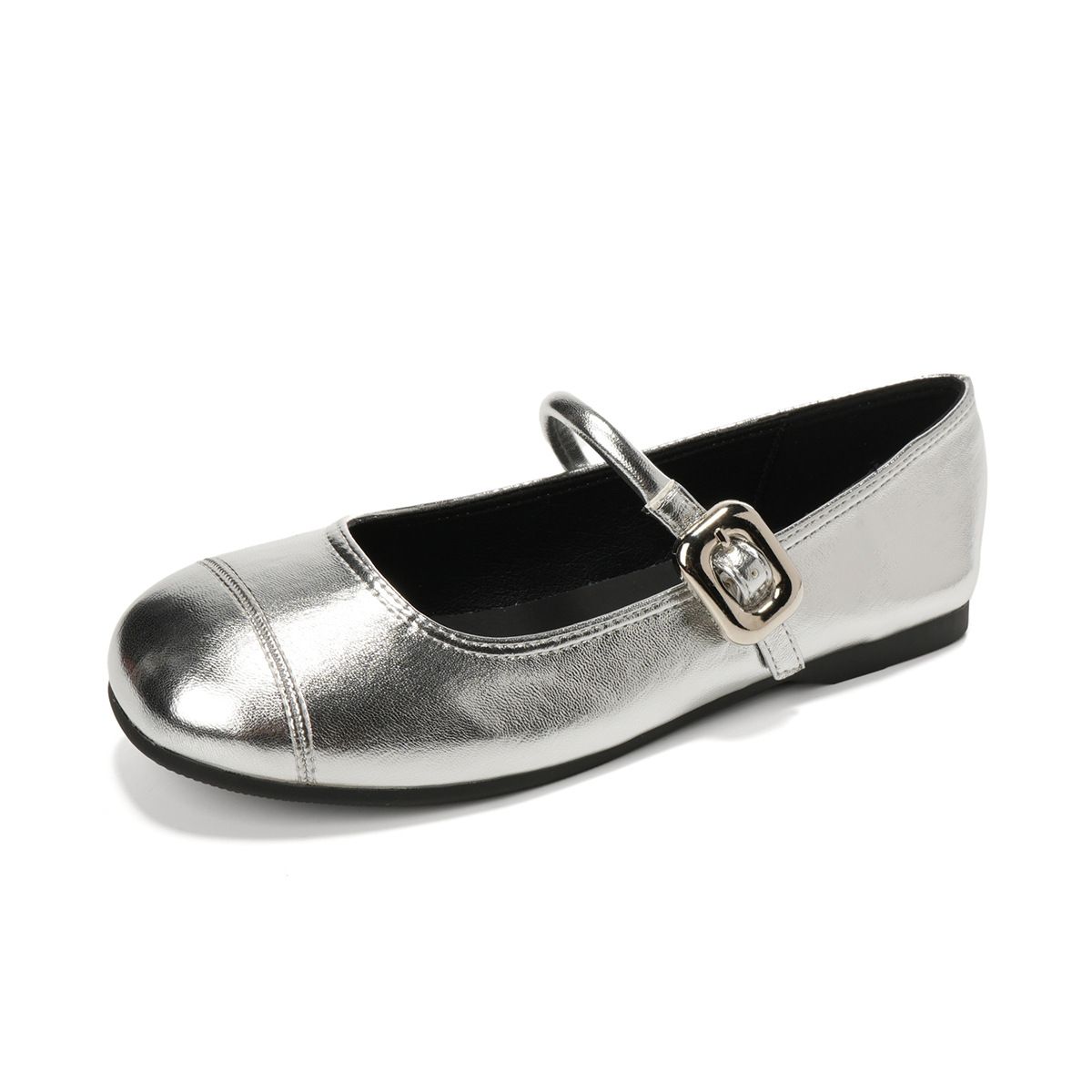 French Word With Light Mouth Silver Small Leather Shoes Flat Sole Soft Sole Mary Jane Single Shoes Women_vogvips.com