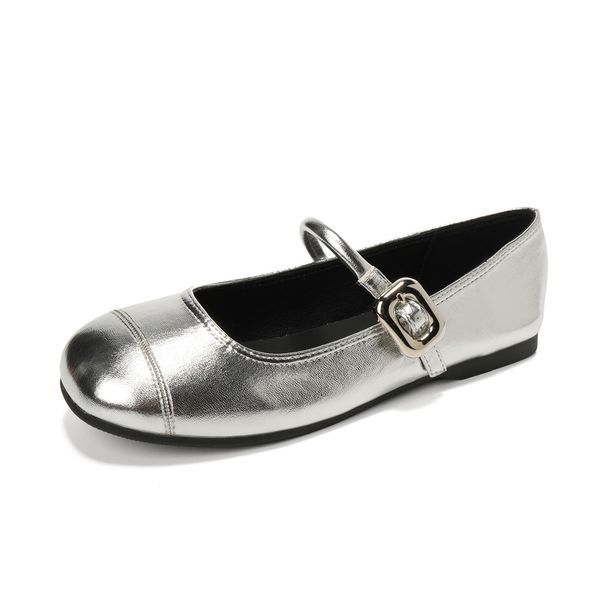French Word With Light Mouth Silver Small Leather Shoes Flat Sole Soft Sole Mary Jane Single Shoes Women_vogvips.com