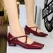 8292-2 Korean Version Fashion Date Cross Straight Belt Women's Shoes Square Toe Thick Heel Metal Shiny Surface Patent_vogvips.com
