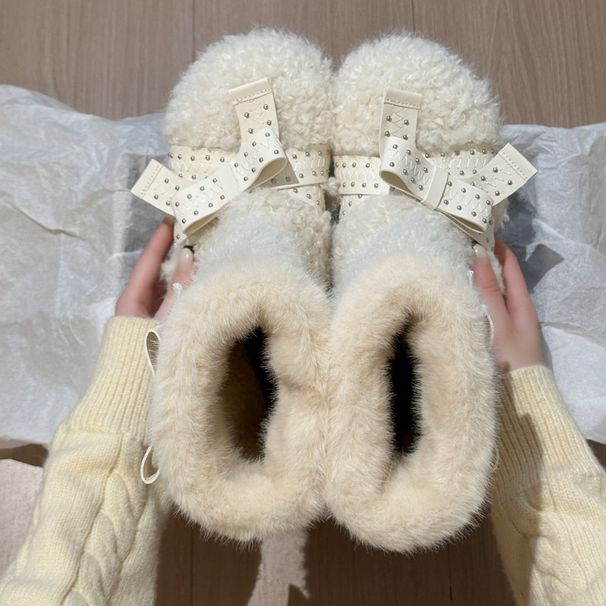 White Bowknot Furry Snow For Women 2025 Winter New Style Fleece-Lined Warm Short Boots Versatile Northeast Cotton Shoes_vogvips.com