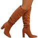 Women's Fashionable Pointed-Toe Over-the-Knee Boots With Chunky Heel - Genuine Leather, Slip-On Design, Breathable Mesh Lining, Winter Ready_vogvips.com