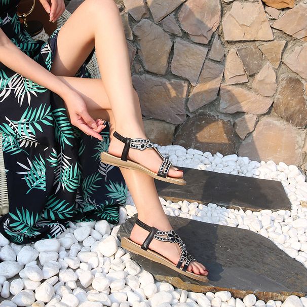 Women's Hollow Bohemian Style Flat Sandals Comfortable Rhinestone Summer Shoes Plus Size_vogvips.com