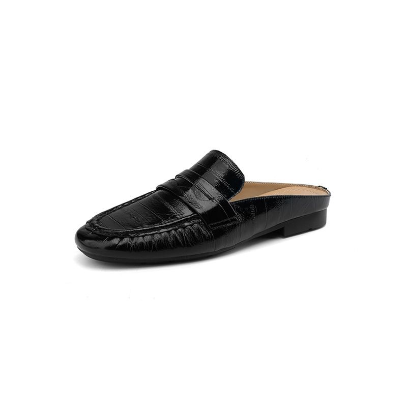Genuine Leather Loafers For Women – Classic Mule Slip-On Shoes With Gold Accents | Vintage-Inspired Flat Sandals With Stitched Detailing_vogvips.com