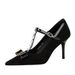 1826-AH83 European And American Style Party Bowknot Studded T-strap Pointed High-heeled Suede Sexy Women's Shoes_vogvips.com