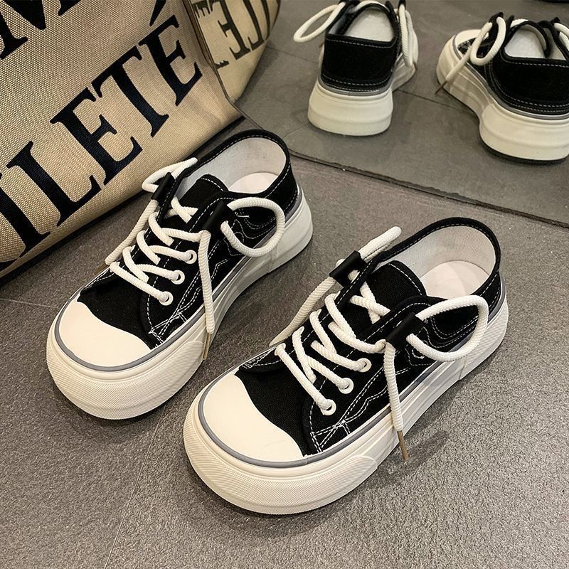 Casual Canvas Slip-On Sports Shoes For Women Thick Bottom Versatile Low Cut Cross Buckle Pure Color Net Lined Footwear_vogvips.com
