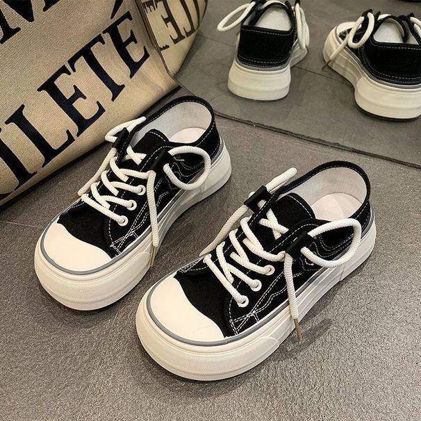 Casual Canvas Slip-On Sports Shoes For Women Thick Bottom Versatile Low Cut Cross Buckle Pure Color Net Lined Footwear_vogvips.com