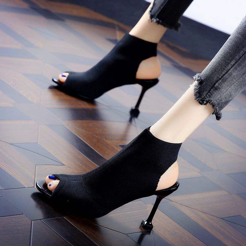 New Knitted Peep Shoes Open Toe European And American 2025 Summer Women's Stiletto Fashion Elastic Roman High Heel_vogvips.com