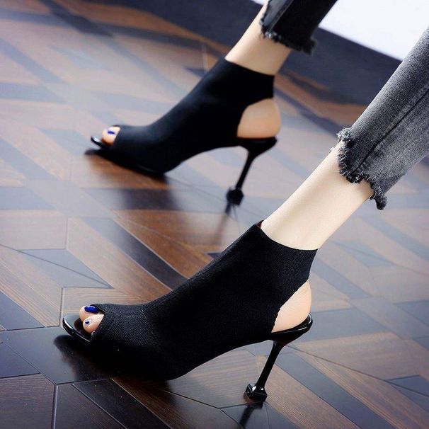 New Knitted Peep Shoes Open Toe European And American 2025 Summer Women's Stiletto Fashion Elastic Roman High Heel_vogvips.com