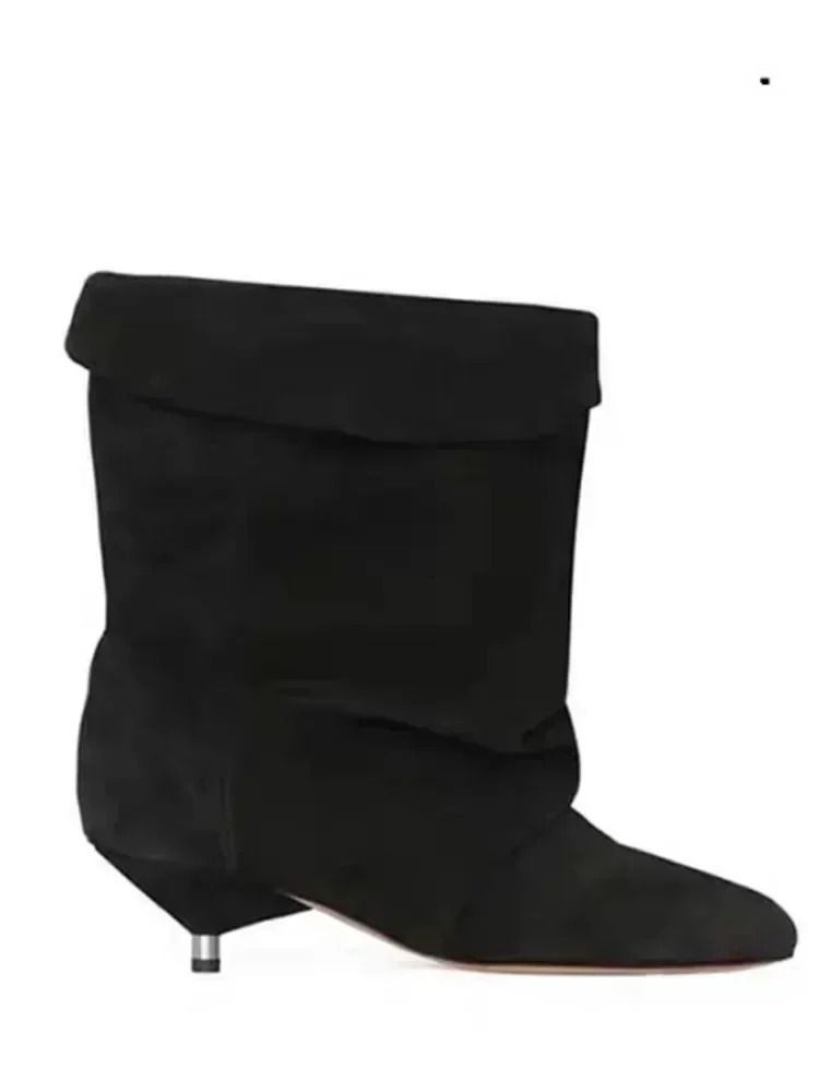 Autumn And Winter 5cm Thin Heel Short Fashion Pointed Wide Tube Folding Stacked Womens Ankle Boots 250711_vogvips.com