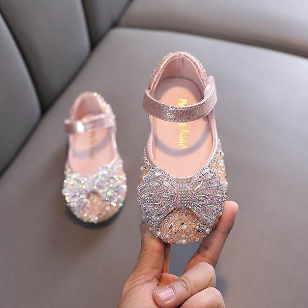 Girls Princess Square Mouth Rhinestone Bow Mesh Single Shoe Shoes_vogvips.com