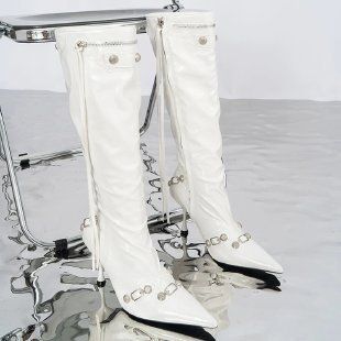 Women's Pointed Toe Stiletto Heel Motorcycle Boots With Metal Studs Buckle Fringe Fashion Riding Boots For Winter Spring Fall_vogvips.com