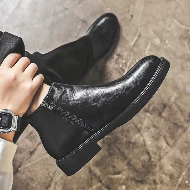 Medium Top Leather Shoes Chelsea Boots Men's Leather Side Zipper Wind Leather Boots High Top Tooling Martin Boots_vogvips.com