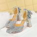 Sequined Square Head High Heels Thick Heel Waterproof Back Bow Pearl One-button Sandals Wedding Shoes_vogvips.com