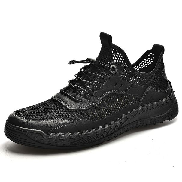 Men's Mesh Shoes Sizes 38-46, Summer Genuine Leather Breathable Hollow-Out Thick-Soled Non-Slip Sandals, Hole Shoes That_vogvips.com