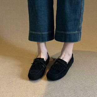 A Pair Of Fleece Bean Shoes, Women's Frosted Tassels, Lace-up Round-toed Flat Loafers_vogvips.com