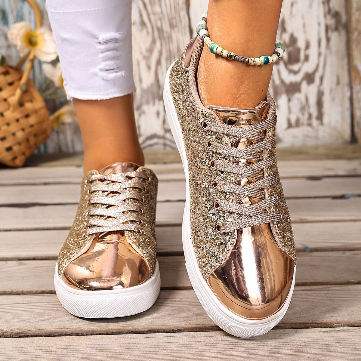 Plus Size Fashion Patchwork Casual Shoes For Women 2025 New Sequin Round Toe Lace-up Slip-on Sneakers_vogvips.com