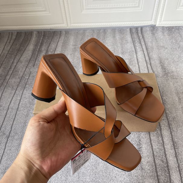 Z Brand 2023 Spring New Women's Shoes Brown Chunky Simple Open-Toe Outdoor High Heel Mules Sandals For Women_vogvips.com