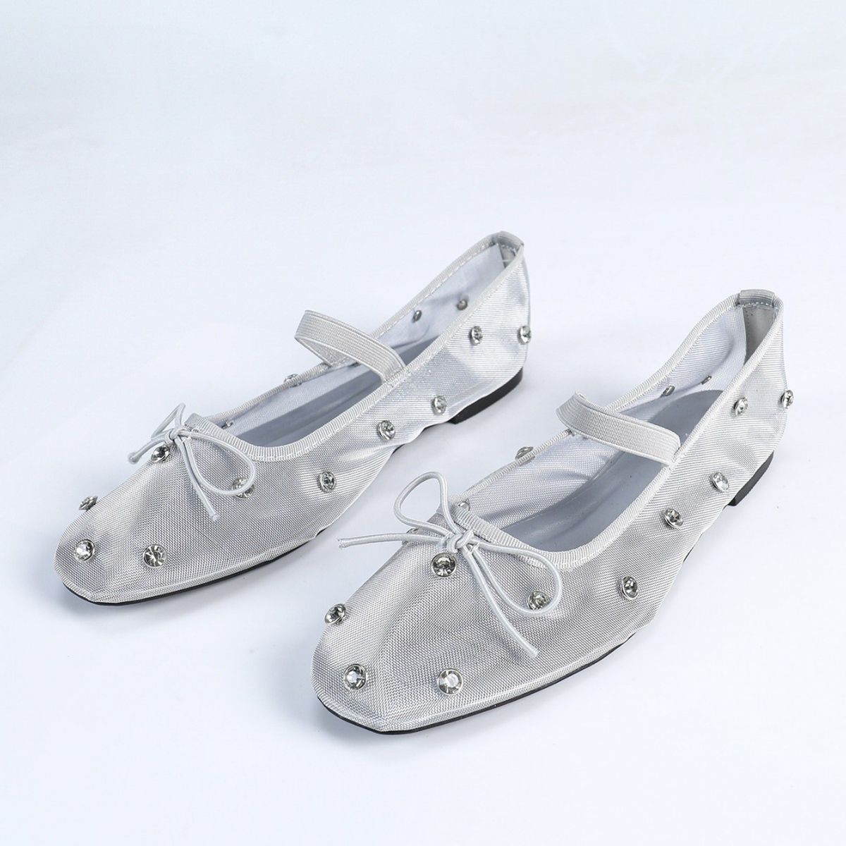 New Mesh Breathable Flat Flat Ballet Shoes Bow Rhinestones_vogvips.com