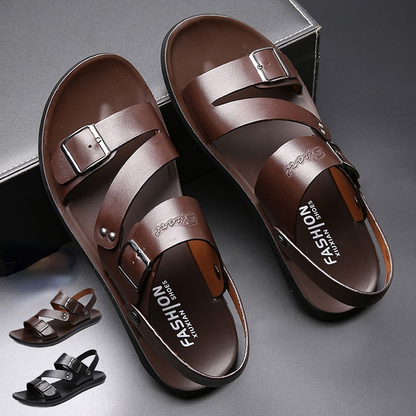 Fashion Comfortable Men's Sandals Solid Color Open Toe Mens Leather Sandals 2023 New Slippers Beach For Male Leather Footwear_vogvips.com