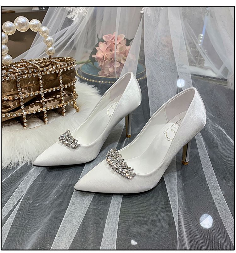 Women's White Satin Bridal Wedding Shoes Rhinestone Princess Small Size Bridesmaid Champagne Gold Dress Shoes_vogvips.com