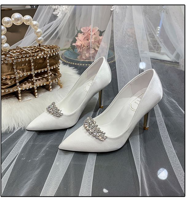 Women's White Satin Bridal Wedding Shoes Rhinestone Princess Small Size Bridesmaid Champagne Gold Dress Shoes_vogvips.com