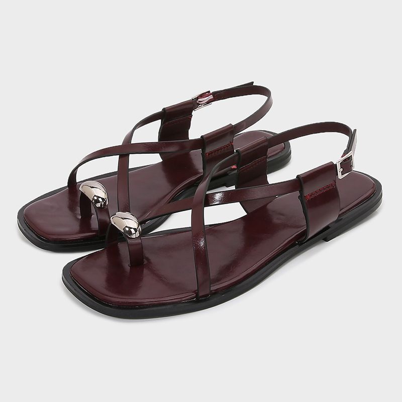 Women's Spring Thong Flat Sandals Crimson Red Metallic Decorated Strappy Outdoor Beach Slippers_vogvips.com