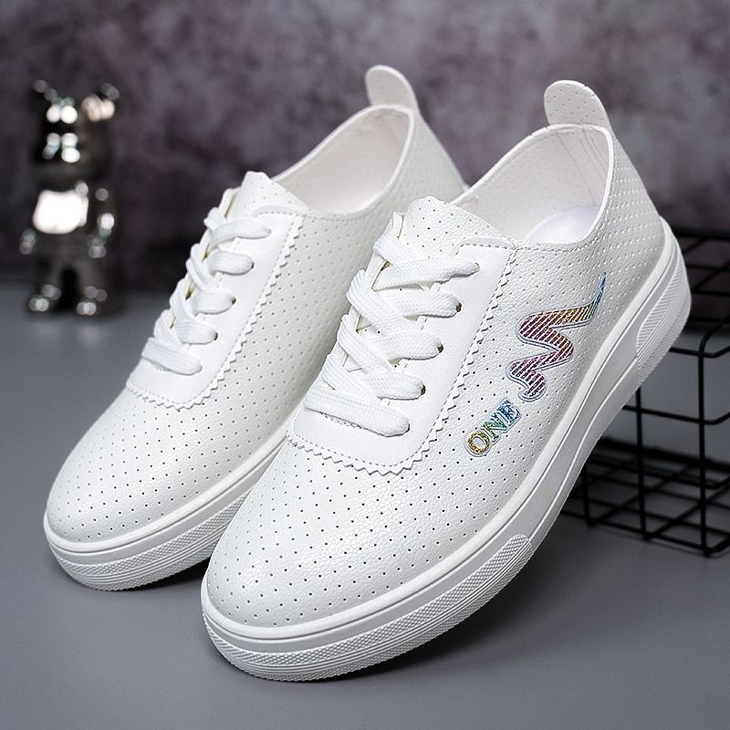 2026 New Spring/Summer Breathable Leather White Shoes With Hollow Mesh Design, Soft Sole, Versatile, Comfortable Casual_vogvips.com