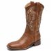 Soft Leather Western Cowboy Embroidered Riding For Women 2025 New Trendy Chunky Heel Mid-Calf V-Cut Martin Boots_vogvips.com