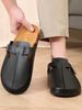 Men's Mules New Spring Retro Slip-On Casual Loafers Pu Upper Cork Grain Closed-Toe Half-Slip Flat Slippers With Adjustable Buckle_vogvips.com
