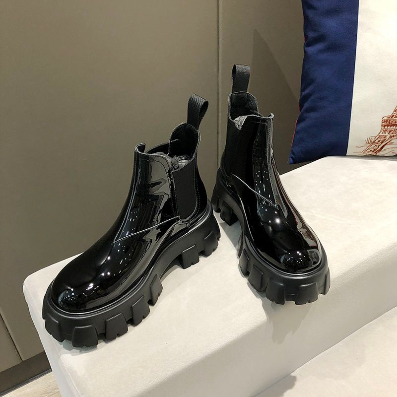 Guan Xiaotong's Same Short Boots For Women's 2022 New Soft Leather Patent Leather Muffin Thick-soled British Martin Boots Chelsea Boots_vogvips.com